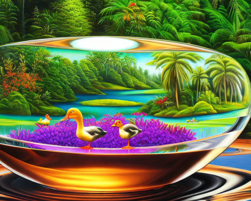 Colorful rubber ducks on purple flowers in glass bowl with tropical background.