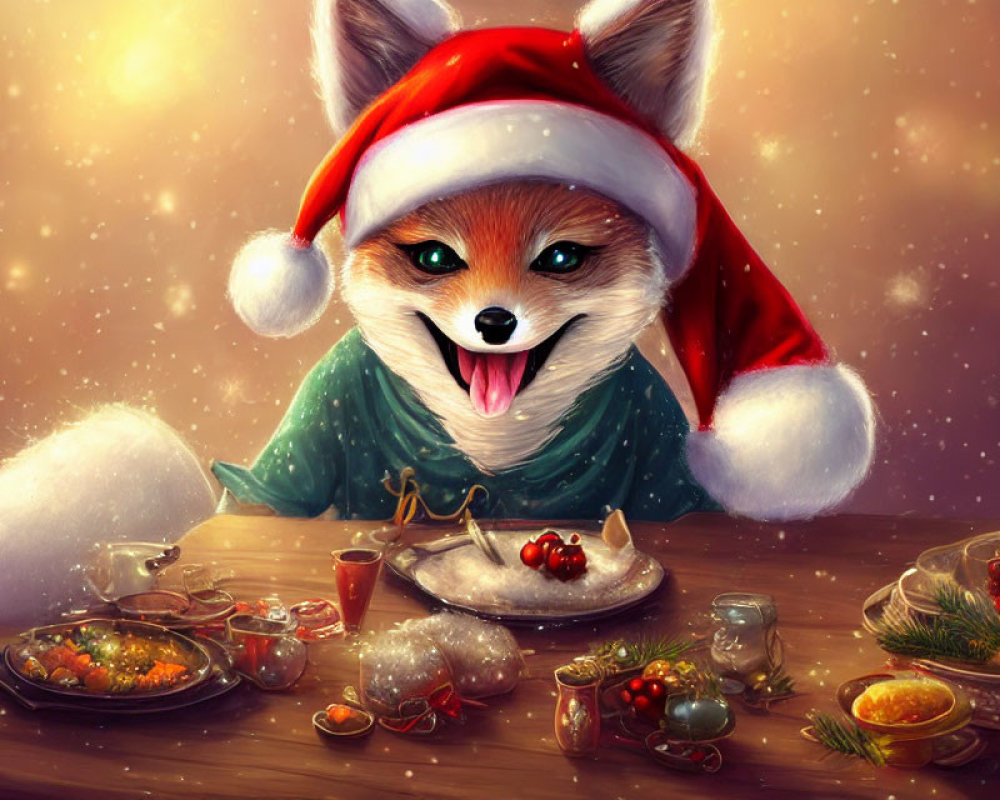 Festive fox in Santa hat at holiday feast with snowfall