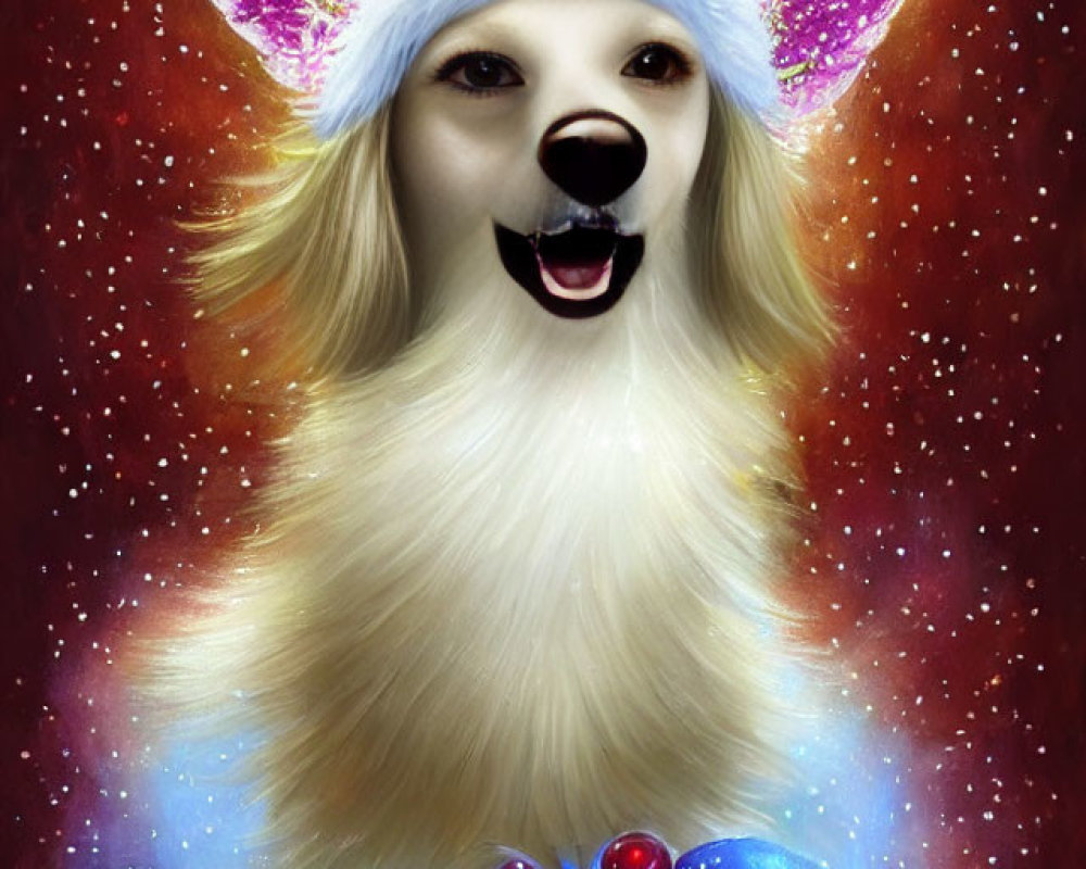 Fluffy white maned dog in festive Christmas tree hat on snowy backdrop