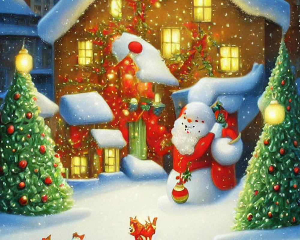 Snowy Christmas scene with house, trees, snowman, and playful cats at night