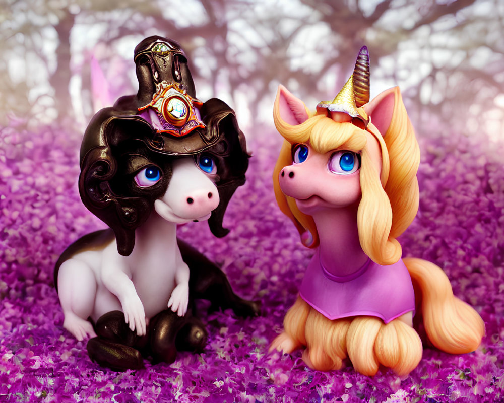 Stylized unicorn figurines in pirate hat and purple, surrounded by flowers