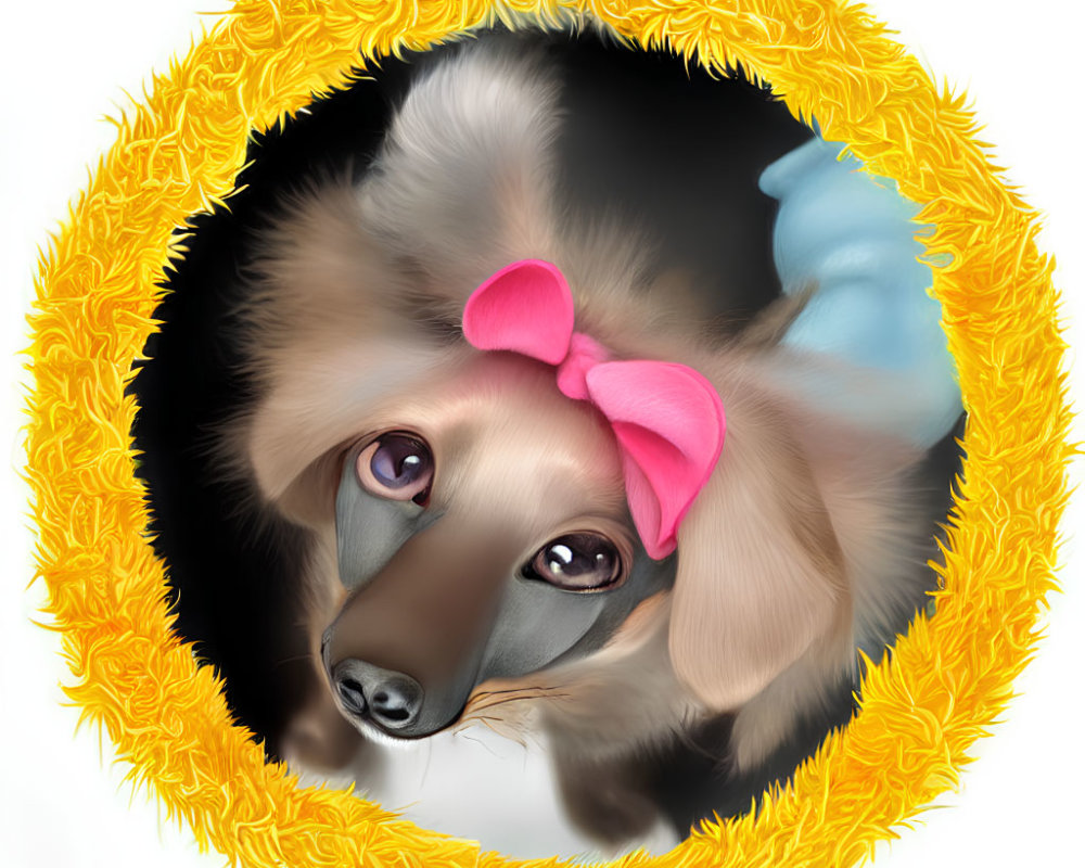 Adorable dog illustration with big eyes, floppy ears, pink bow, and yellow feathery frame