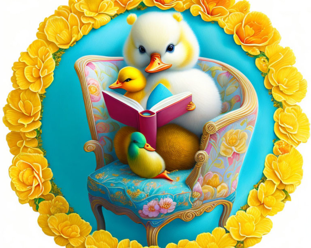 Fluffy duckling reading to smaller ducklings in flower circle