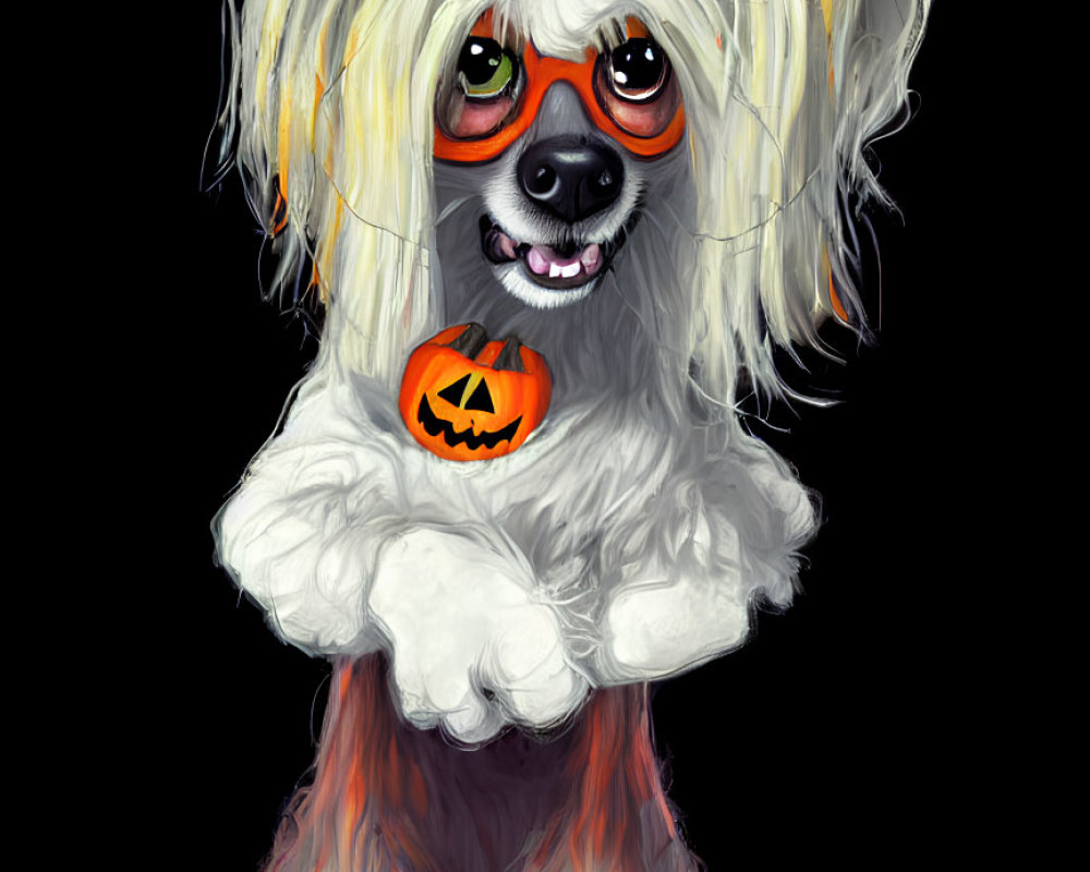 Whimsical white shaggy dog with pumpkin in Halloween theme