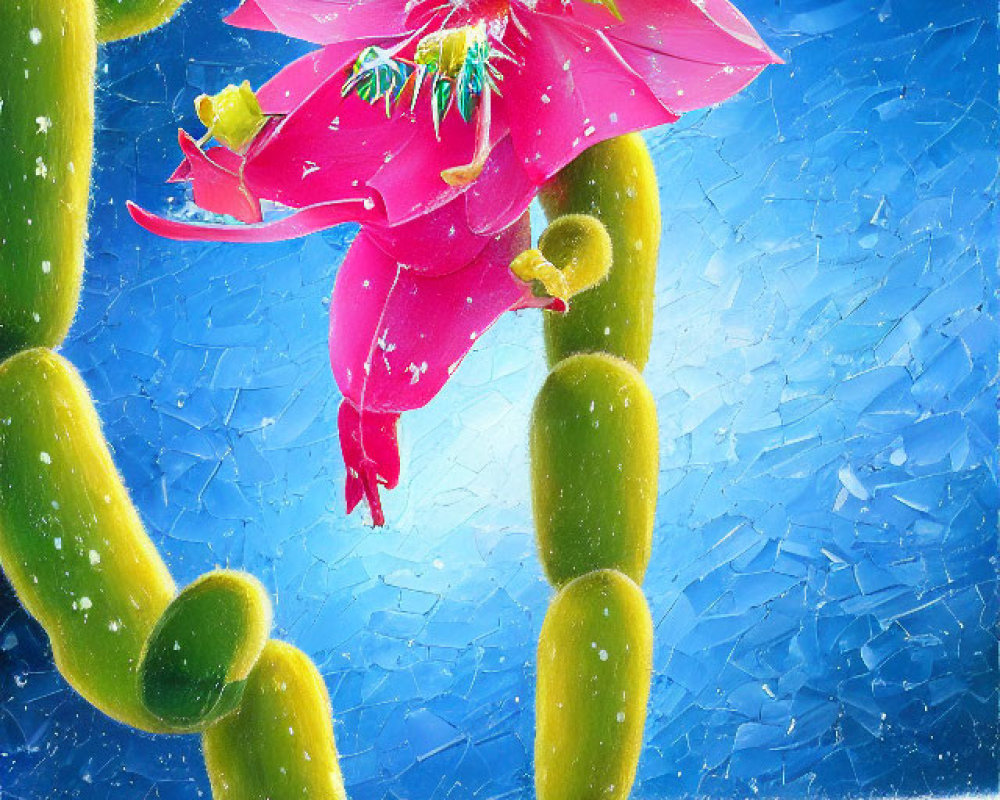 Pink cactus flower blooming in snowfall against blue sky