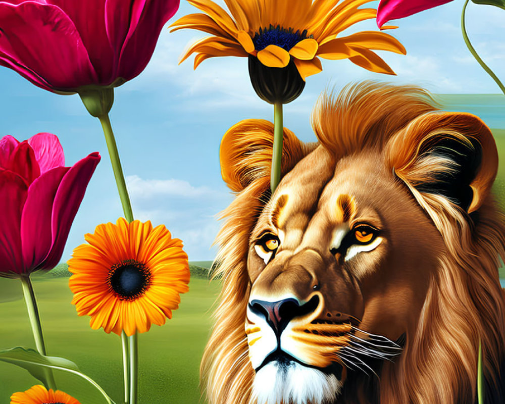 Colorful Lion Head Illustration Among Flowers Under Blue Sky