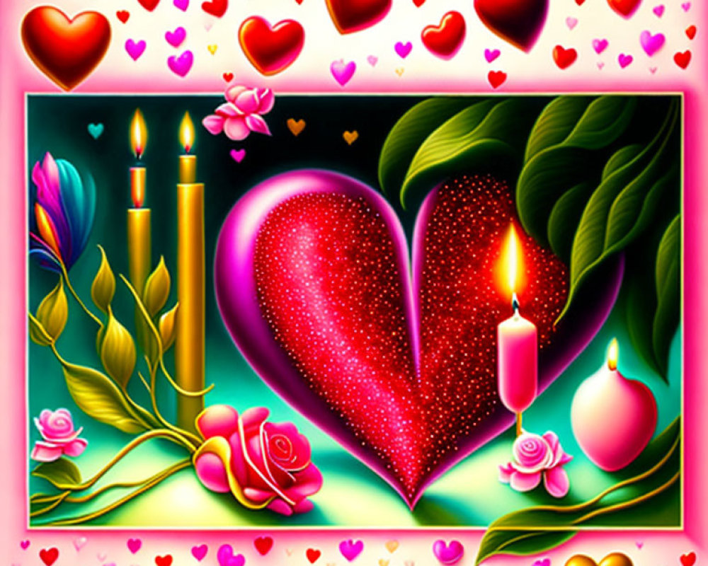 Colorful Artwork with Red Heart, Roses, and Candles on Pink Background