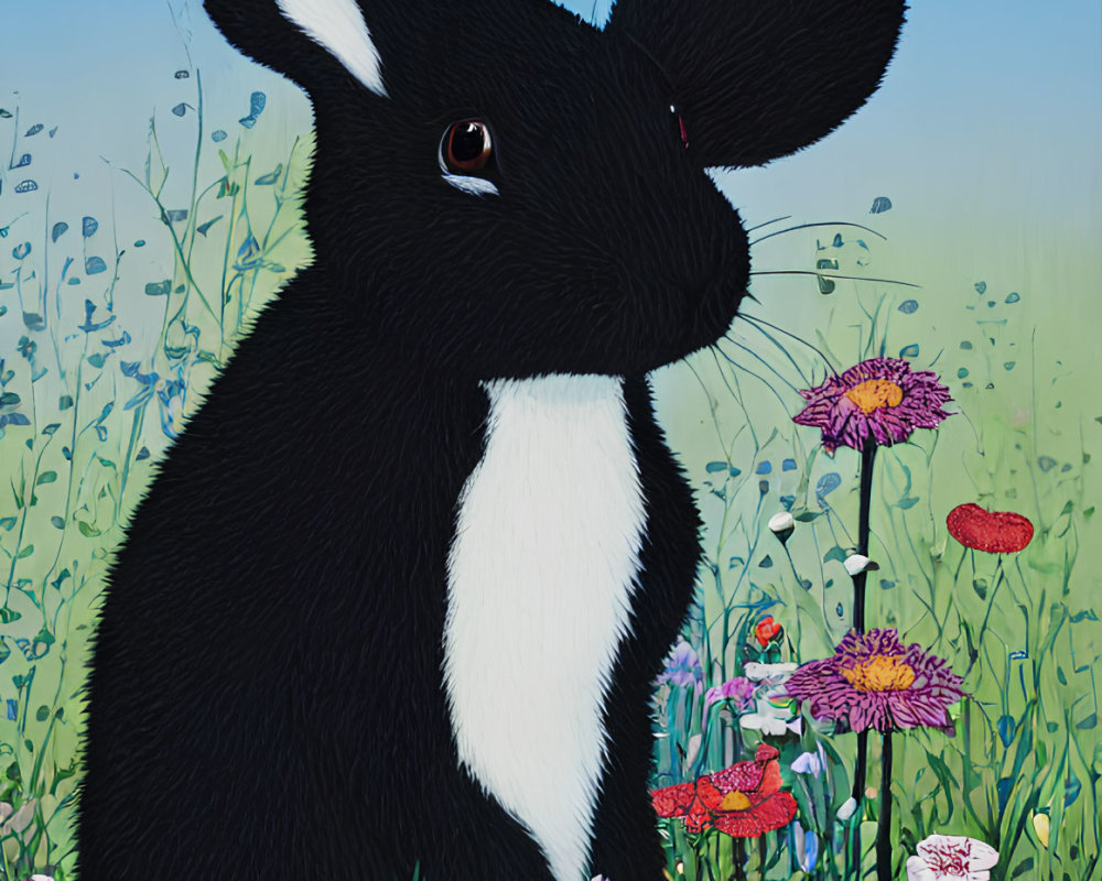 Whimsical oversized rabbit in colorful flower field