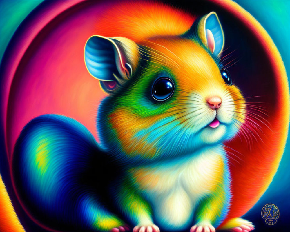 Vibrant chubby-cheeked rodent in orange, blue, and purple on psychedelic backdrop