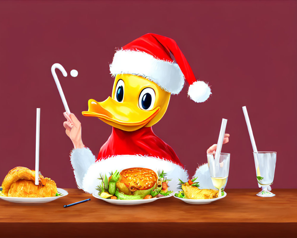 Cartoon duck in Santa hat dining with burger, fries, and drink