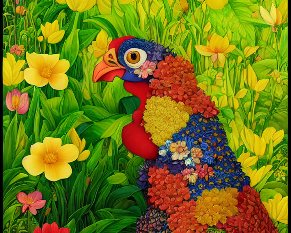 Colorful pheasant illustration among flowers and foliage