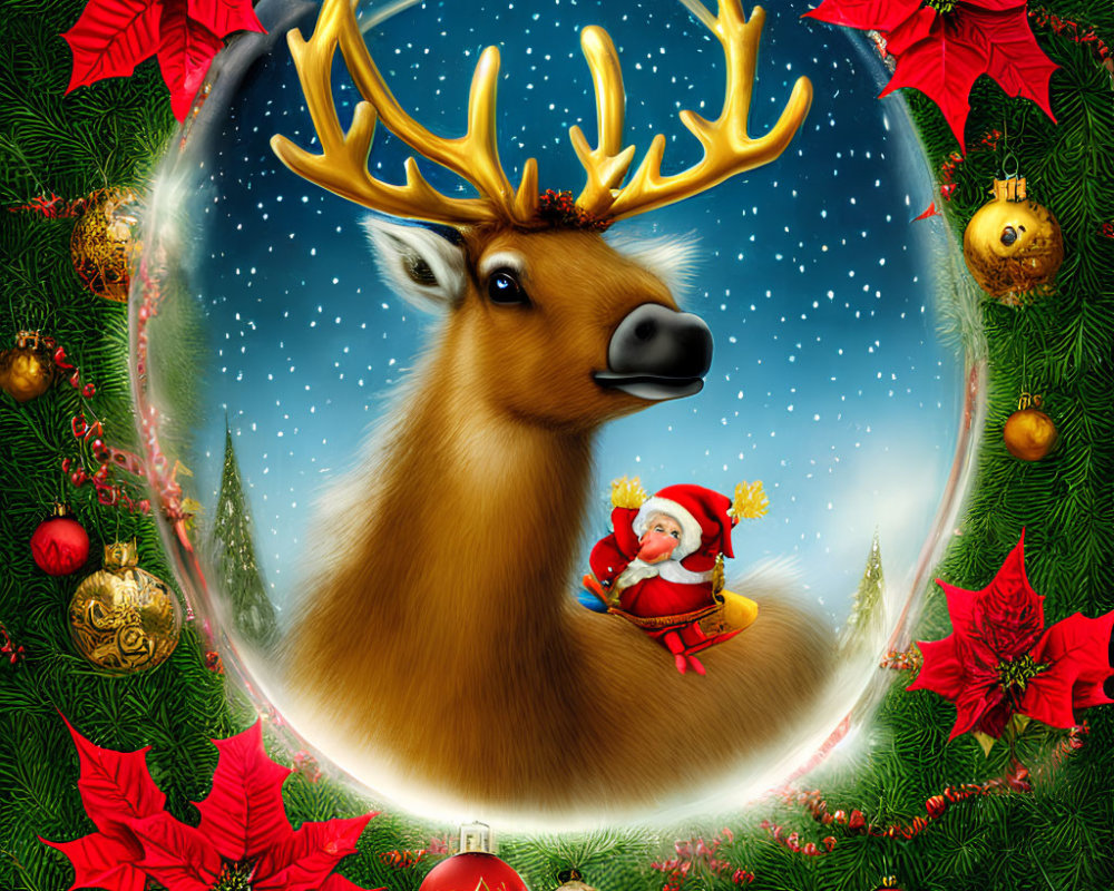 Festive reindeer and Santa Claus in Christmas scene