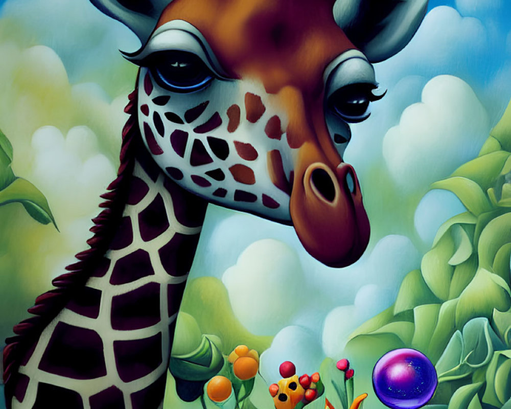 Whimsical giraffe illustration with small yellow creatures in lush greenery