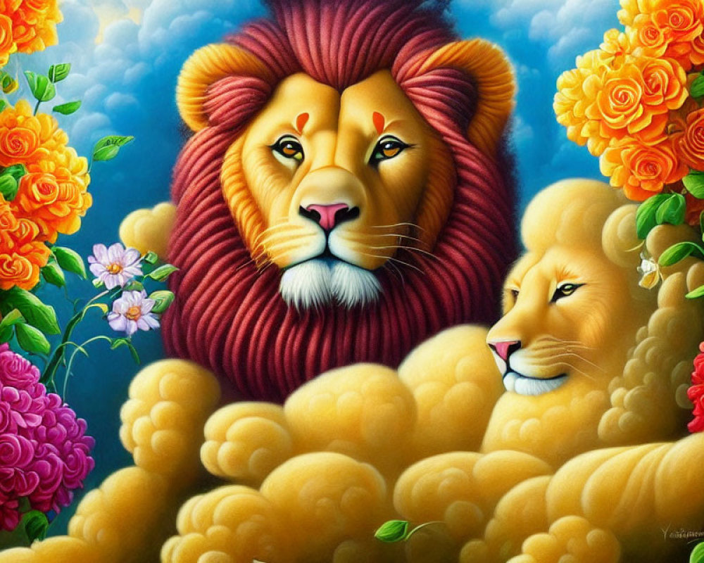 Vibrant illustration of majestic lions among colorful flowers