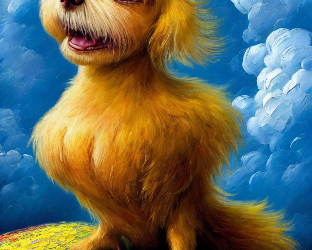 Fluffy Golden Dog Painting on Colorful Flower Surface