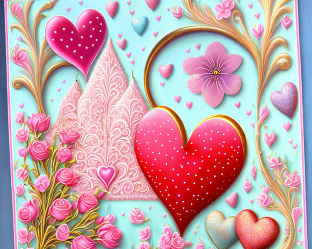 Stylized hearts, flowers, and patterns in pink and red on blue background