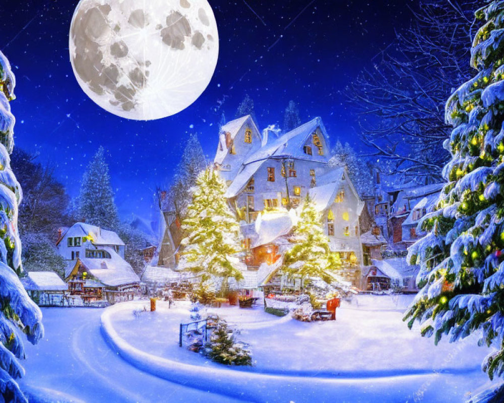 Snowy Winter Night: Moonlit Buildings, Snow-Covered Trees, Stars