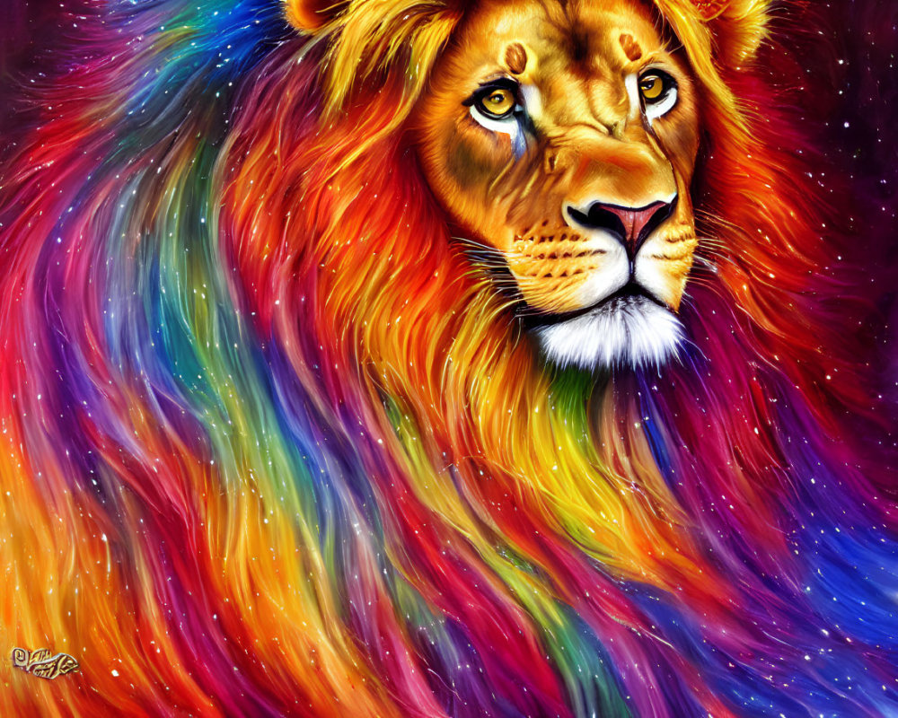 Colorful Lion's Head Painting on Red Background