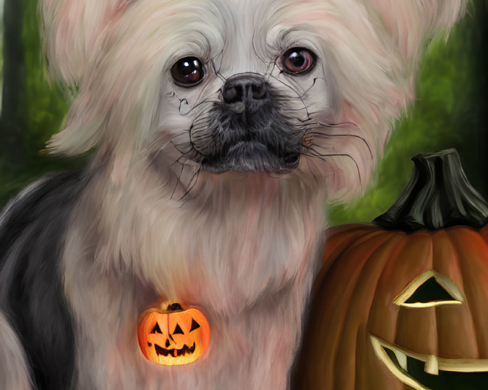 Small fluffy dog with large ears among carved pumpkins in a spooky forest.