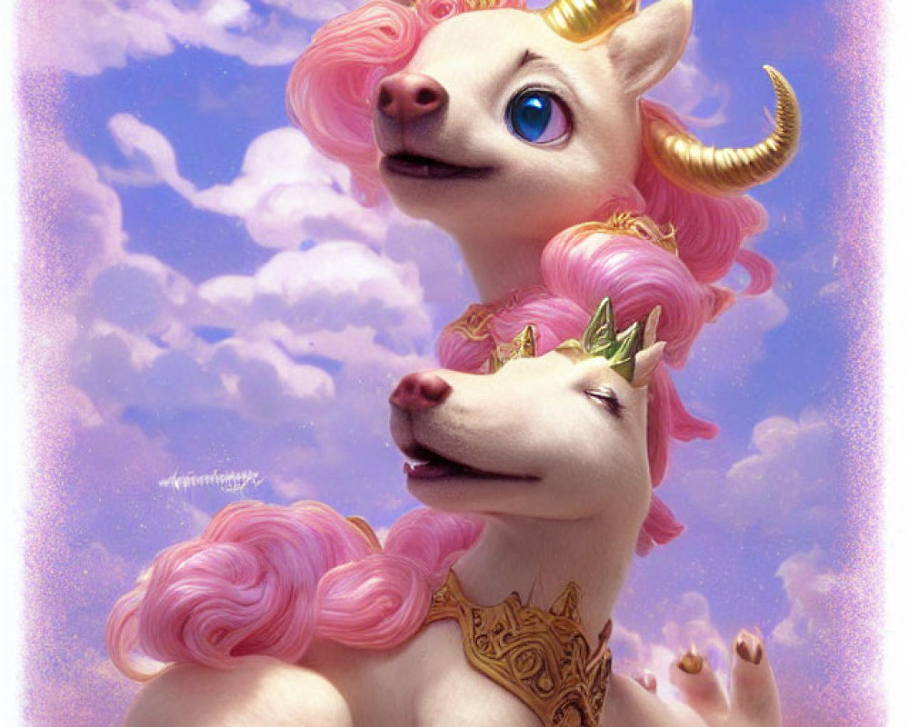 Whimsical unicorns with golden horns and pink manes on cloudy sky