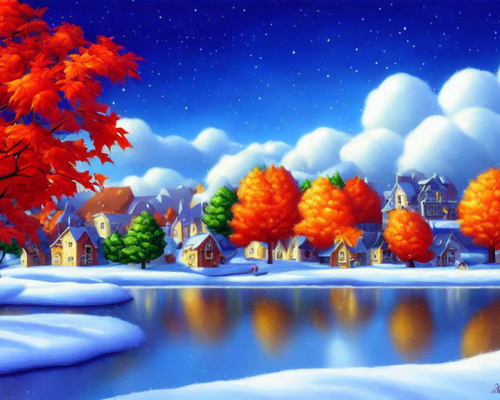 Snowy village painting: Autumn trees, lake reflection, starry night sky