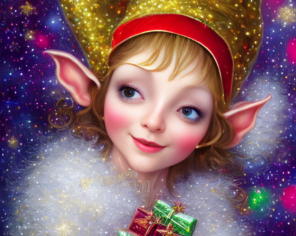 Festive Christmas elf with blue eyes and gold hat holding gifts