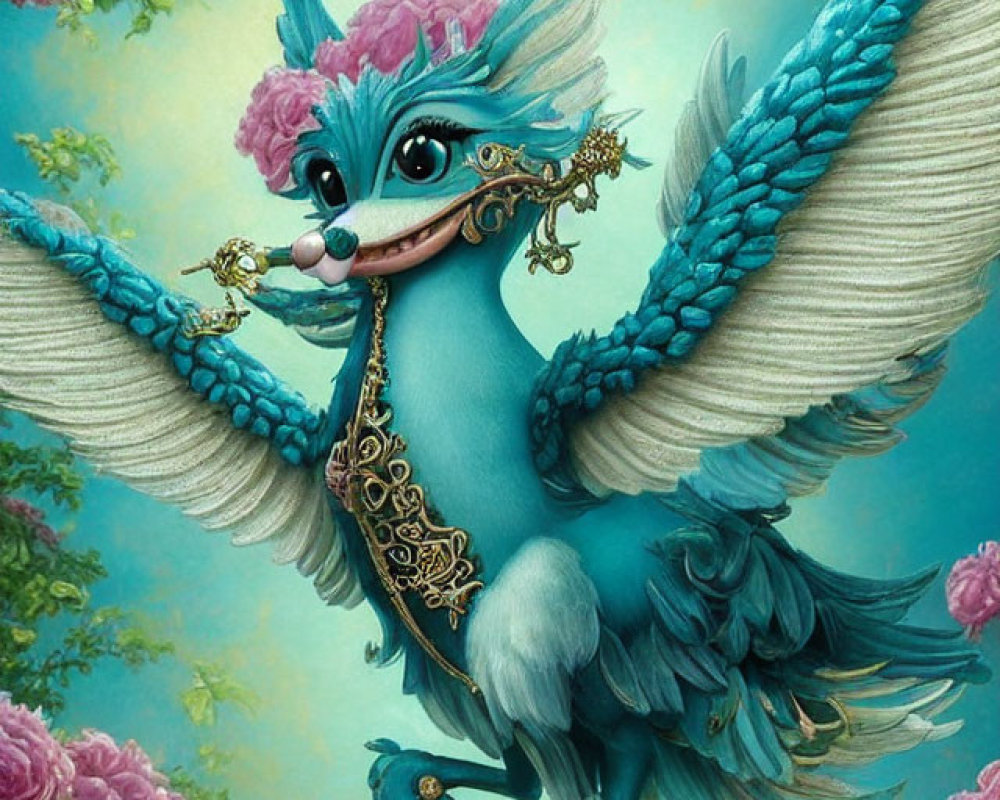 Illustration of Anthropomorphic Blue Bird with Floral Accessories