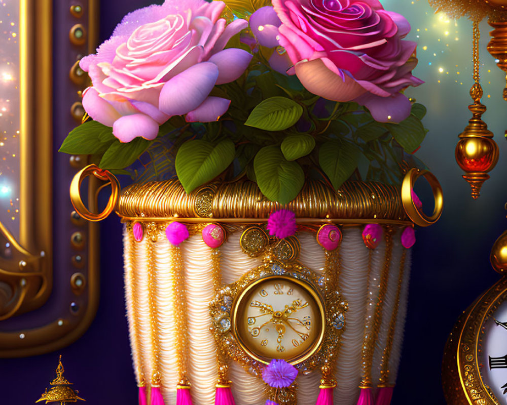 Gold-trimmed clock planter with pink roses on purple background.