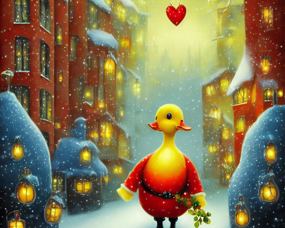 Yellow duck in red festive attire with mistletoe in snowy street scene