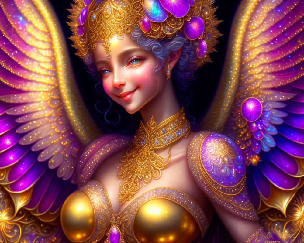 Colorful digital art: Ethereal female figure in golden and purple attire with luminescent wings