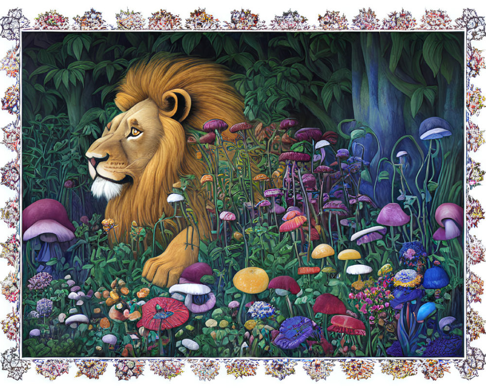 Majestic lion head in vibrant forest with mushrooms and foliage