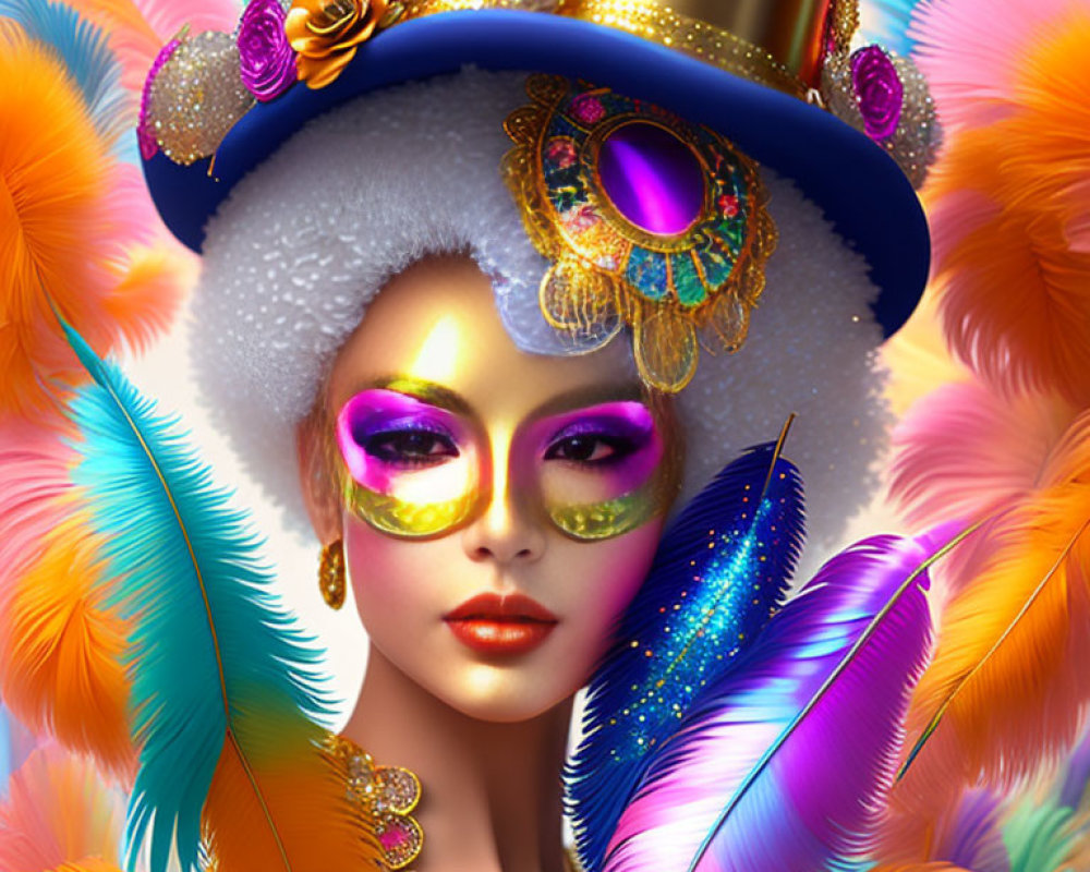 Colorful Carnival Costume with Blue Hat and Feathers