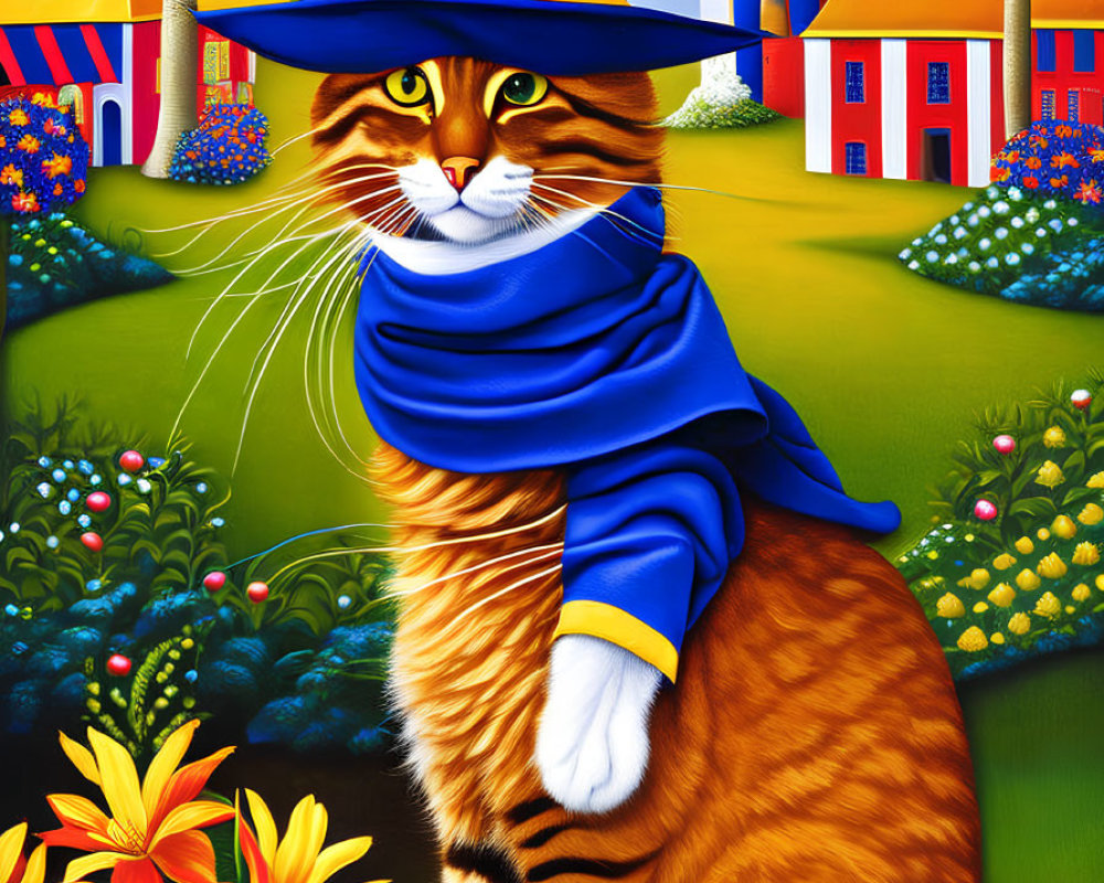 Colorful Anthropomorphic Orange Cat Painting in Tropical Landscape