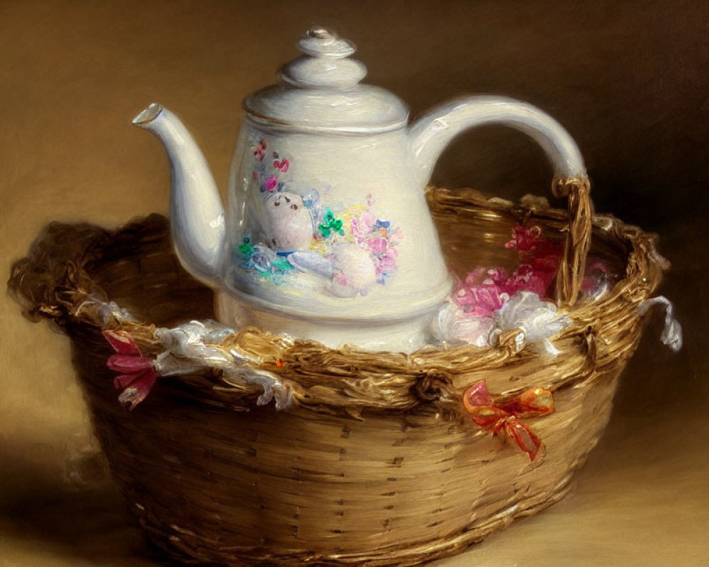 Traditional Still Life Painting of White Teapot in Wicker Basket