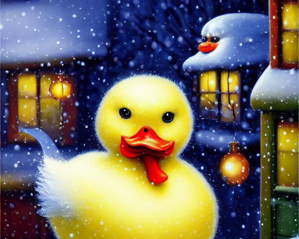 Yellow Rubber Duck with Red Scarf in Snowy Scene with Lanterns and Snow-Covered Houses