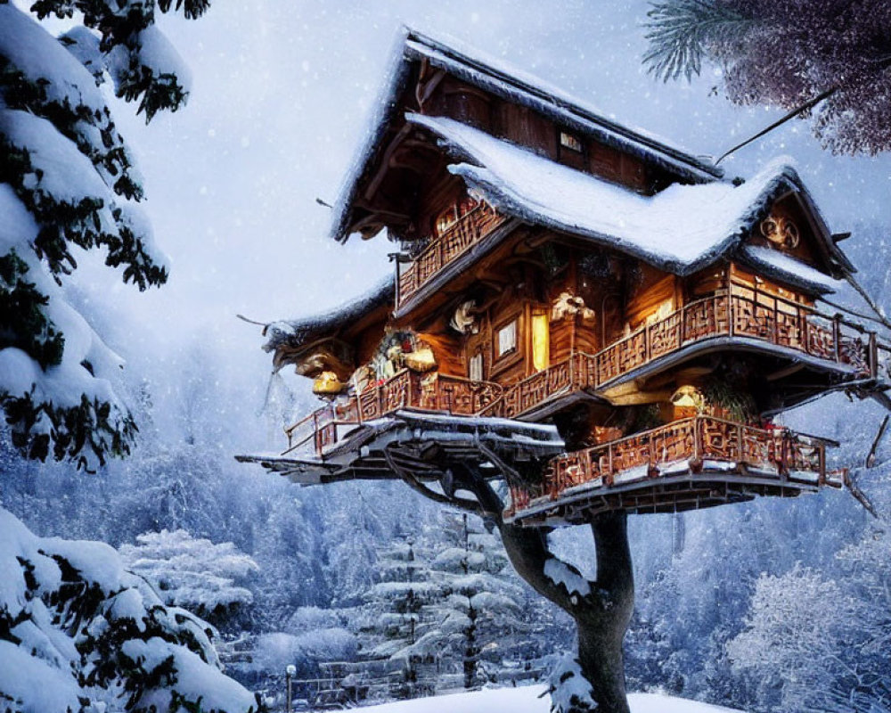 Traditional Wooden Treehouse Illuminated in Snowy Landscape