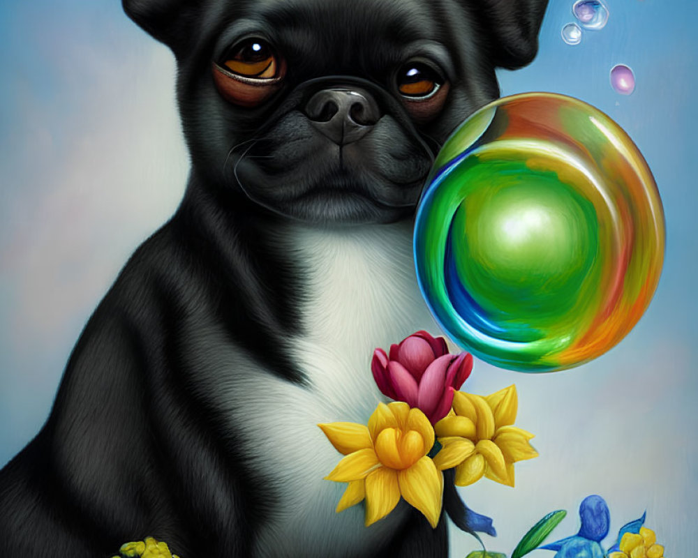 Black and Tan Dog Surrounded by Colorful Flowers and Iridescent Bubble