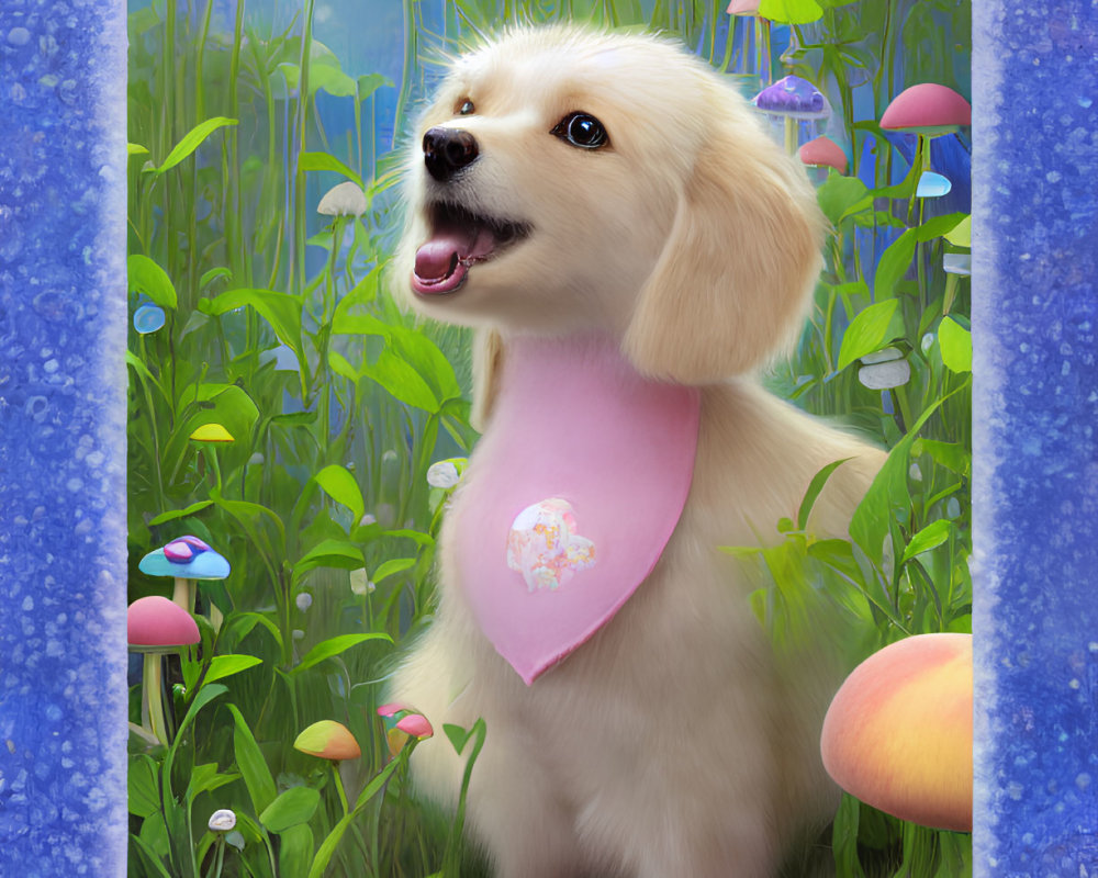 Colorful illustration of a happy golden puppy with pink bib among vibrant mushrooms and greenery