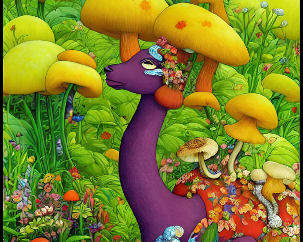 Vibrant illustration of violet creature in whimsical forest