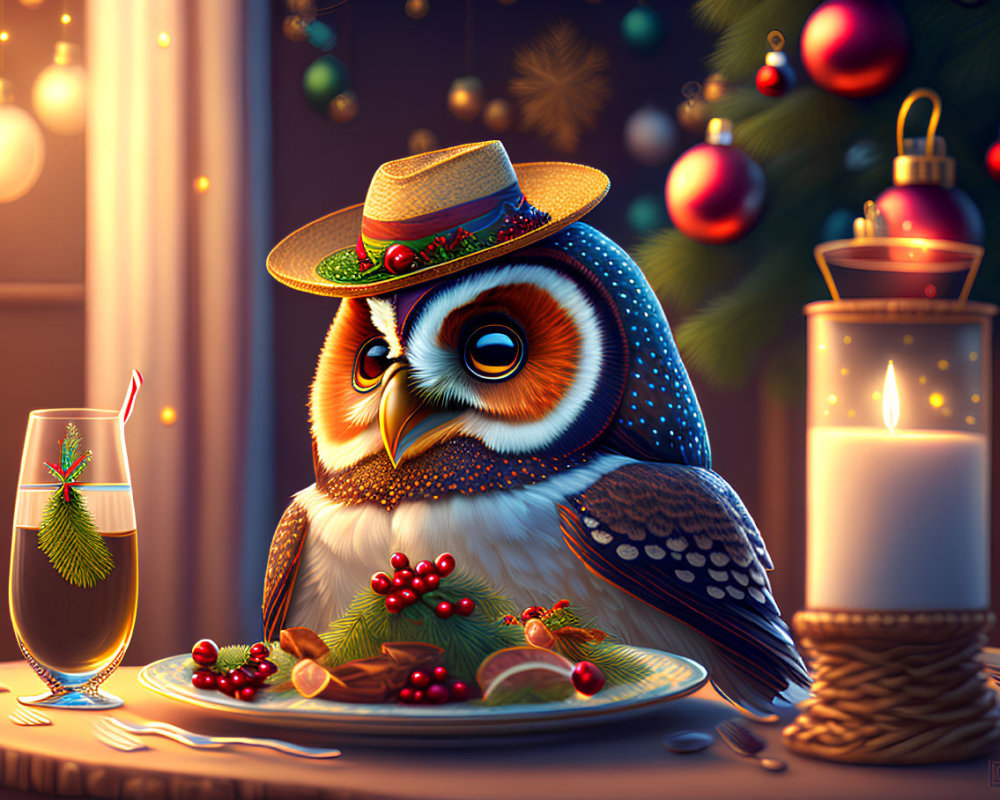 Illustrated owl in hat with Christmas decorations and candle on festive background