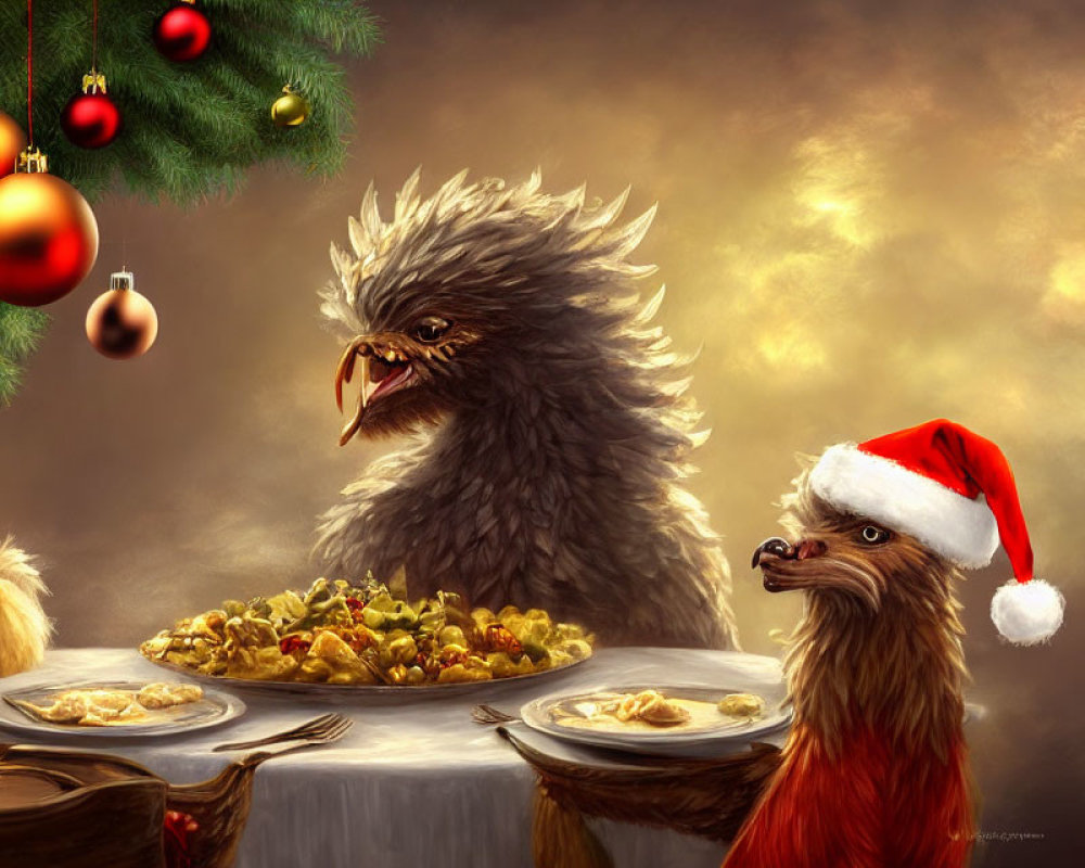 Festive sloth and eagle at Christmas dinner with decorated tree