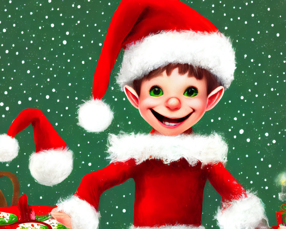 Cheerful cartoon elf in Santa hat surrounded by snowflakes and cookies