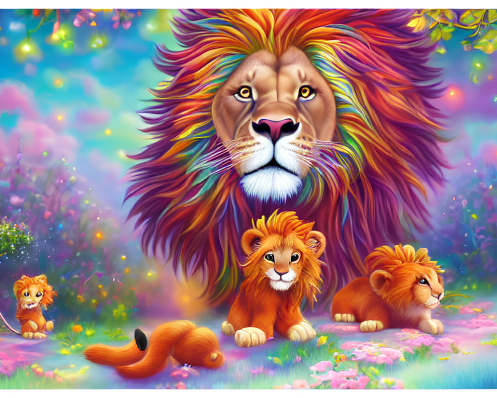 Colorful Lion and Cubs in Whimsical Landscape