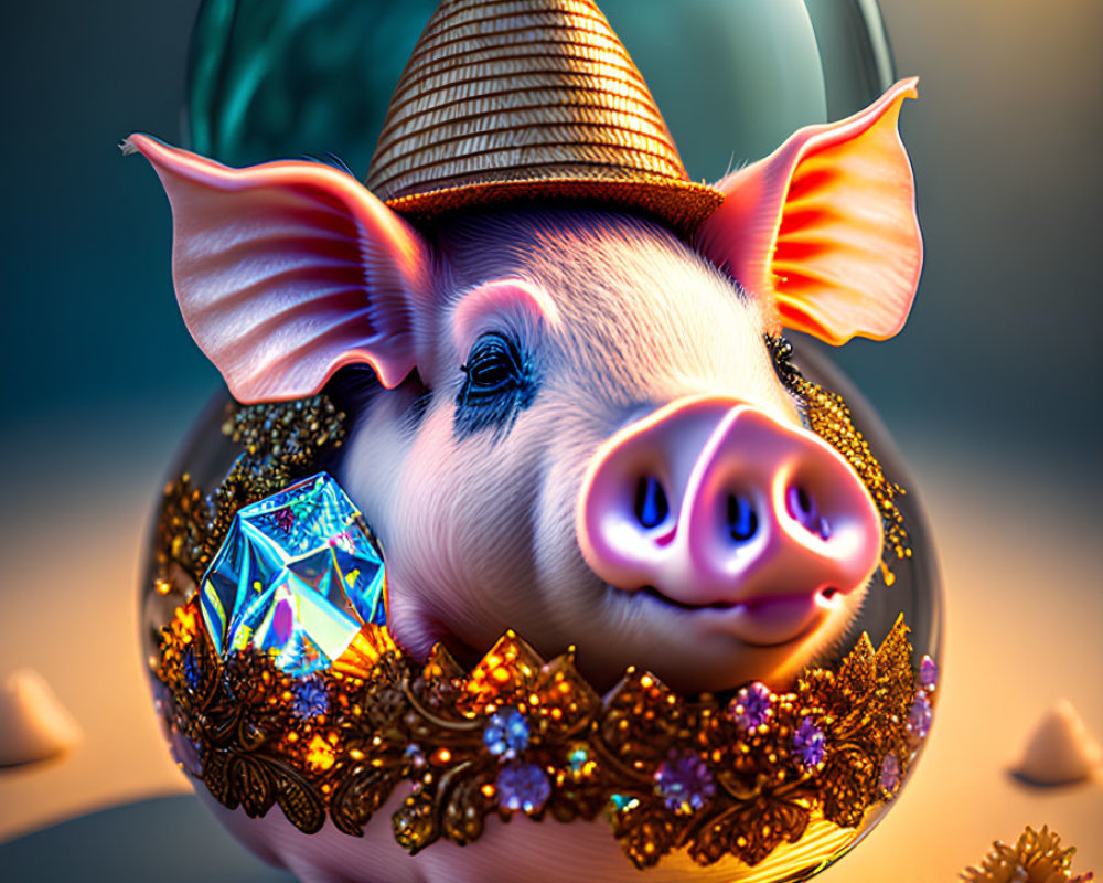 Whimsical piggy bank with diamond, gold details, and cone hat on blue background