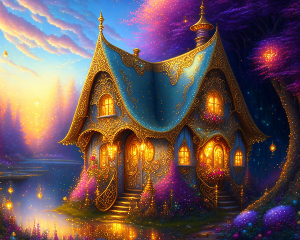 Enchanting fantasy cottage with golden details in twilight scenery