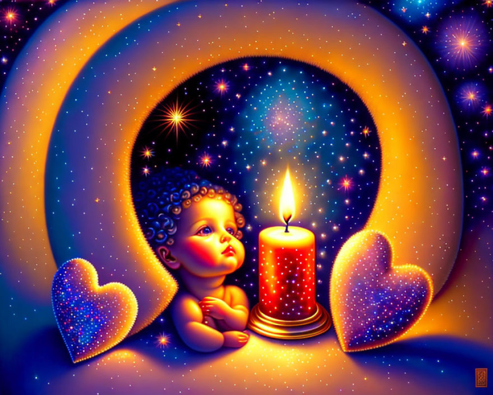 Stylized baby with glowing candle in warm color palette