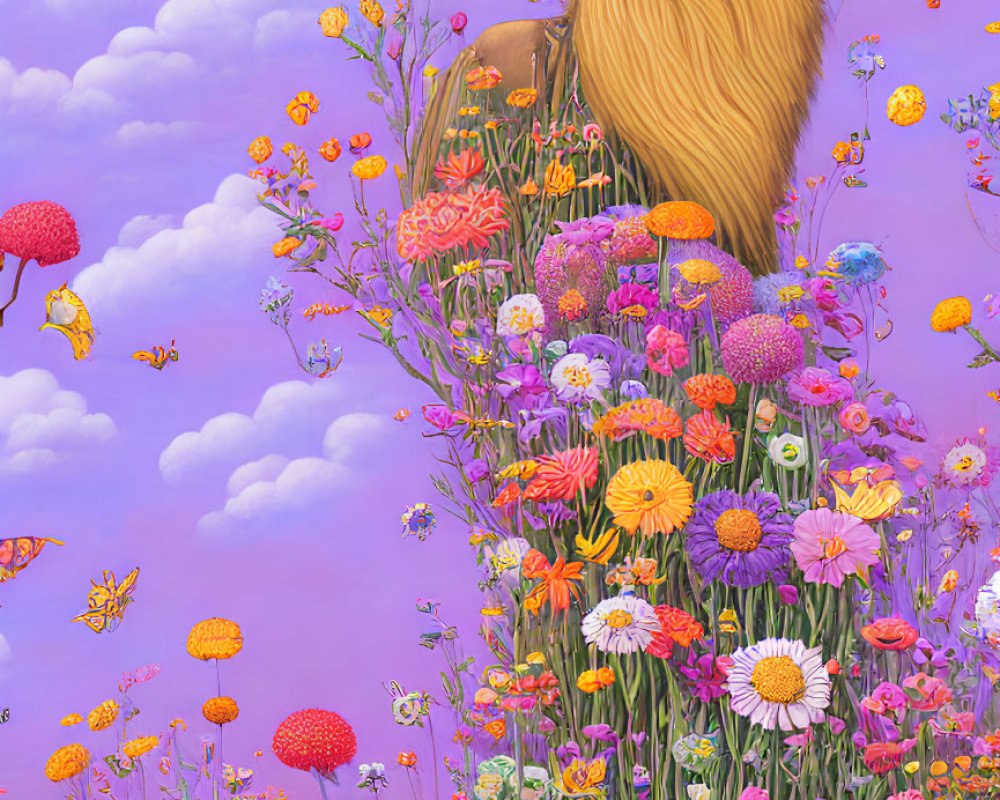 Majestic lion in colorful flower field under purple sky