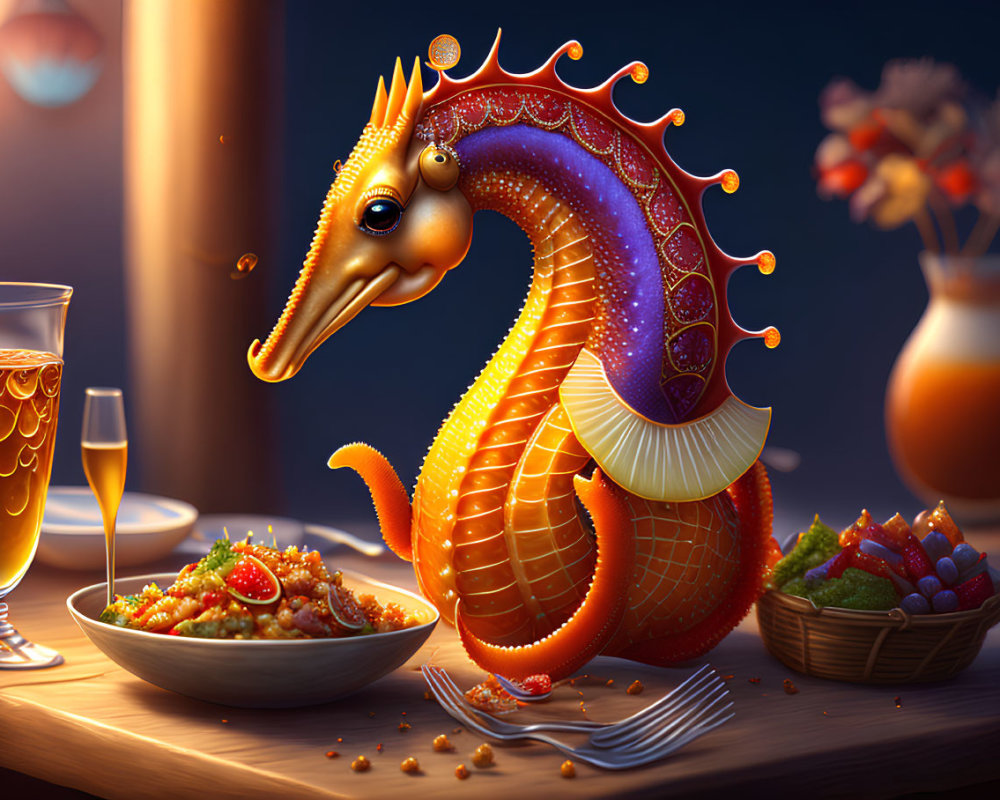 Anthropomorphic seahorse dining with salad and fruit in cozy evening scene