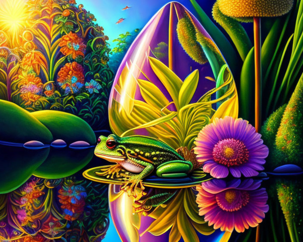 Colorful Frog and Egg Artwork with Sunset Backdrop and Lush Flora