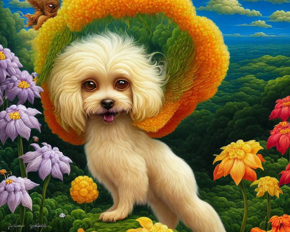 Colorful Digital Painting of Dog with Oversized Flower Mane in Vibrant Landscape